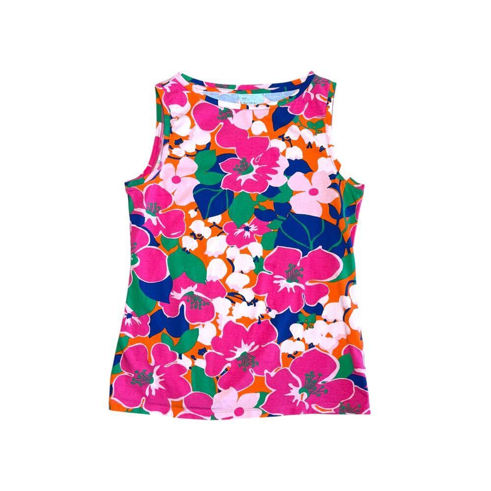 Talbots Vintage 90s Bright Colorful Floral Boatneck Sleeveless Tank Top Medium P